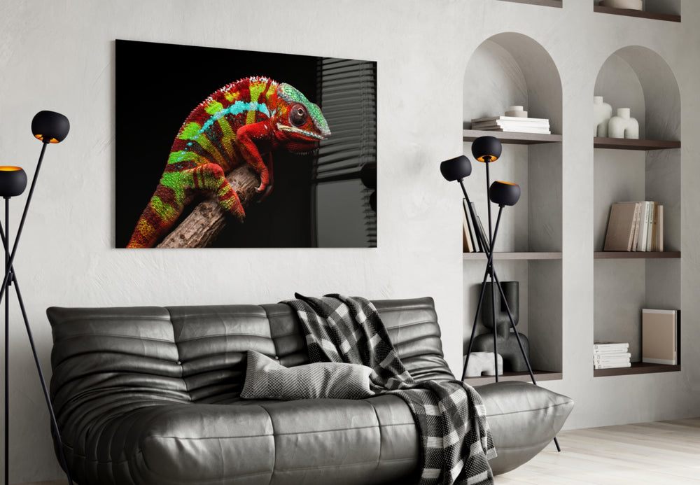 Chameleon glass wall art styled in a child's room with wildlife wonder