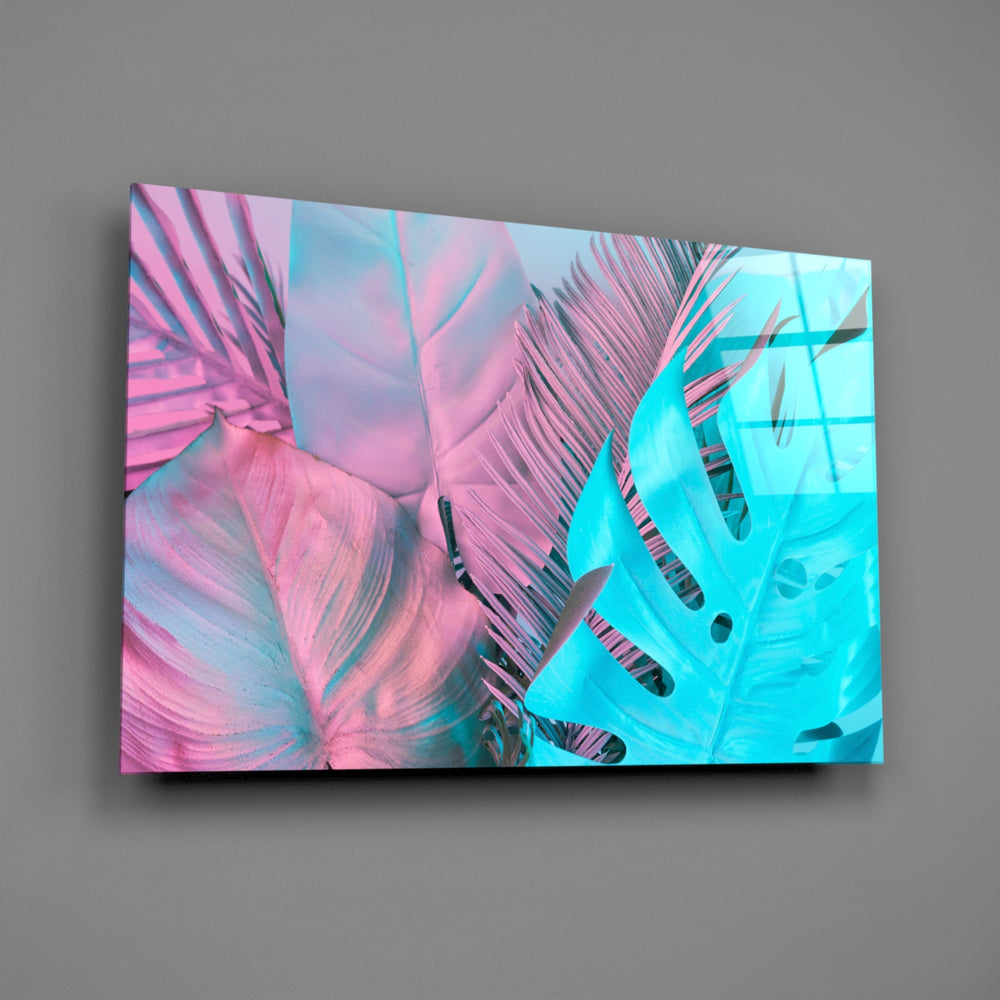 Pink-and-turquoise tropical panel bringing pop-art energy to a contemporary living space