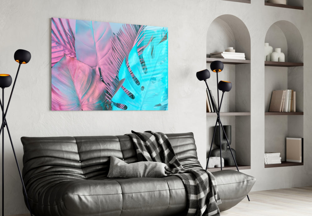 Tropical Leaf glass wall art styled in a creative studio