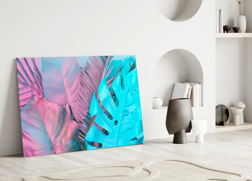 Close-up detail of monstera and palm leaves in candy-bright duotone