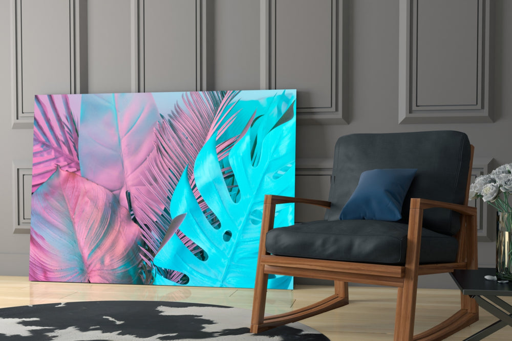 Tropical Leaf glass print enhancing a hallway with retro-pop palette