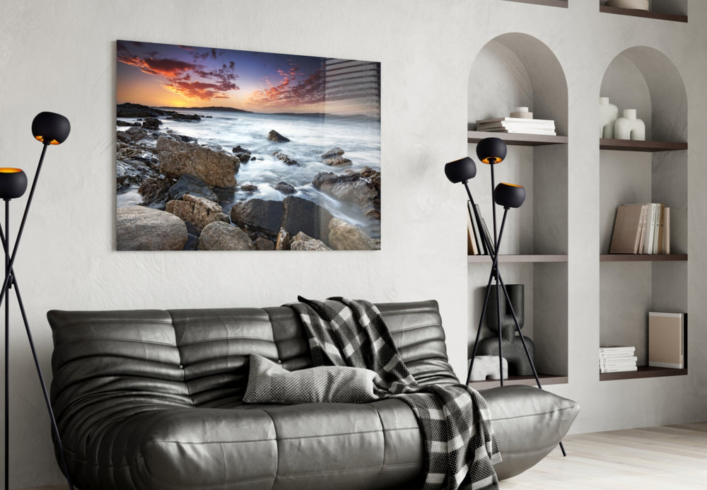 Sea Landscape glass wall art styled above a sofa in a seaside-calm living room