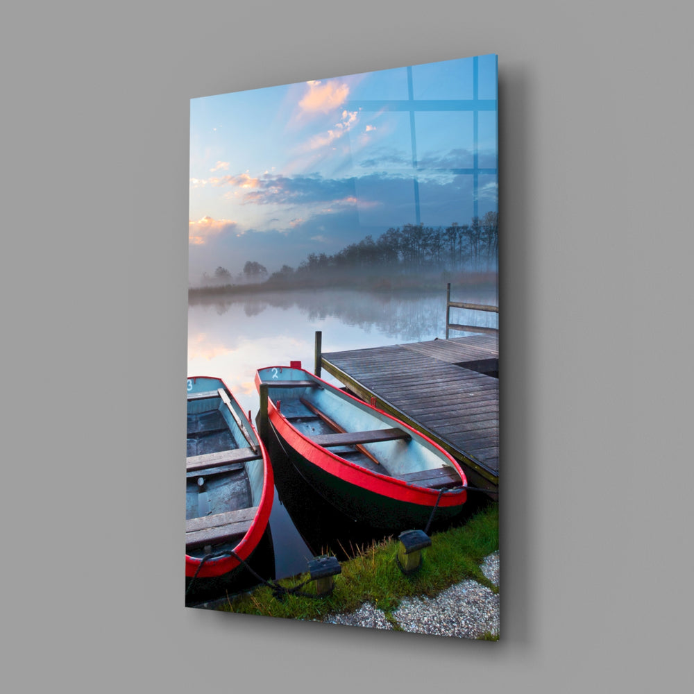 Misty dawn lake panel bringing pastoral calm to a contemporary living space