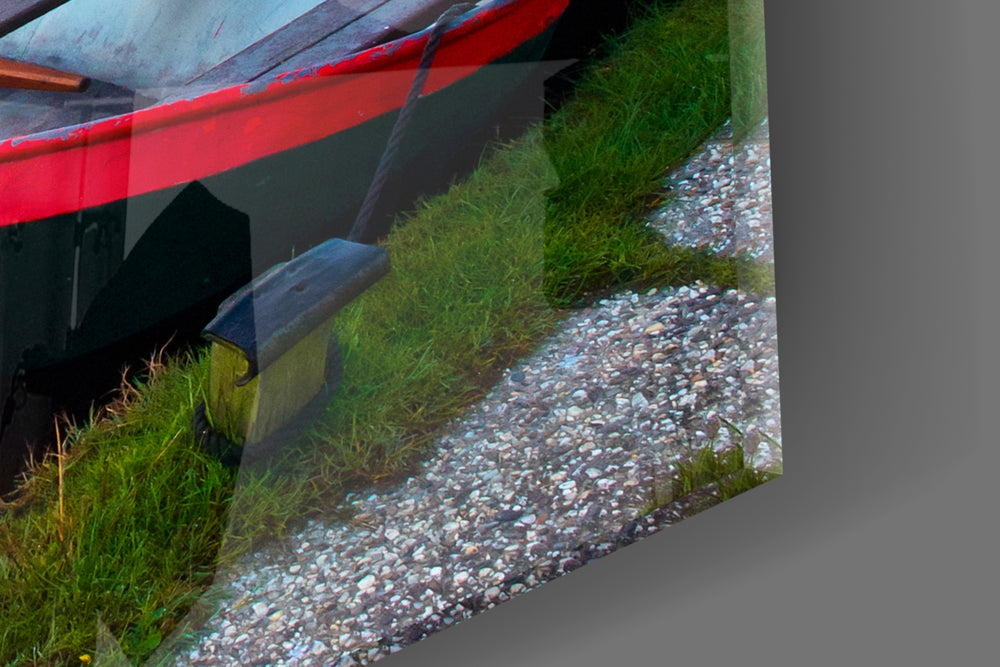 Lake and Boats artwork anchoring a cabin-inspired hallway
