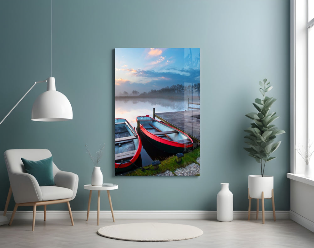 Lake and Boats glass wall art styled above a bed in a lake-house bedroom