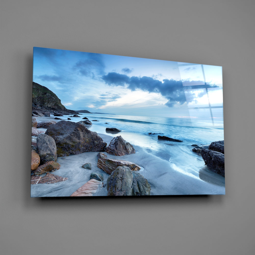 Blue-hour coastal panel bringing serene mood to a contemporary living space
