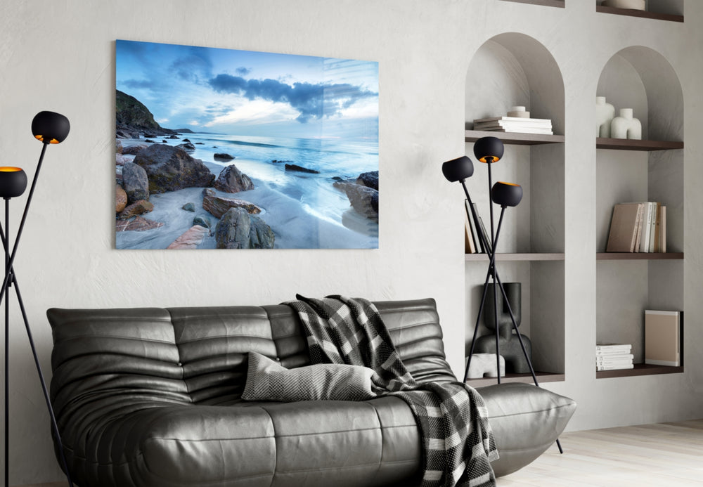 Sea Landscape glass wall art styled above a bed in a serene bedroom