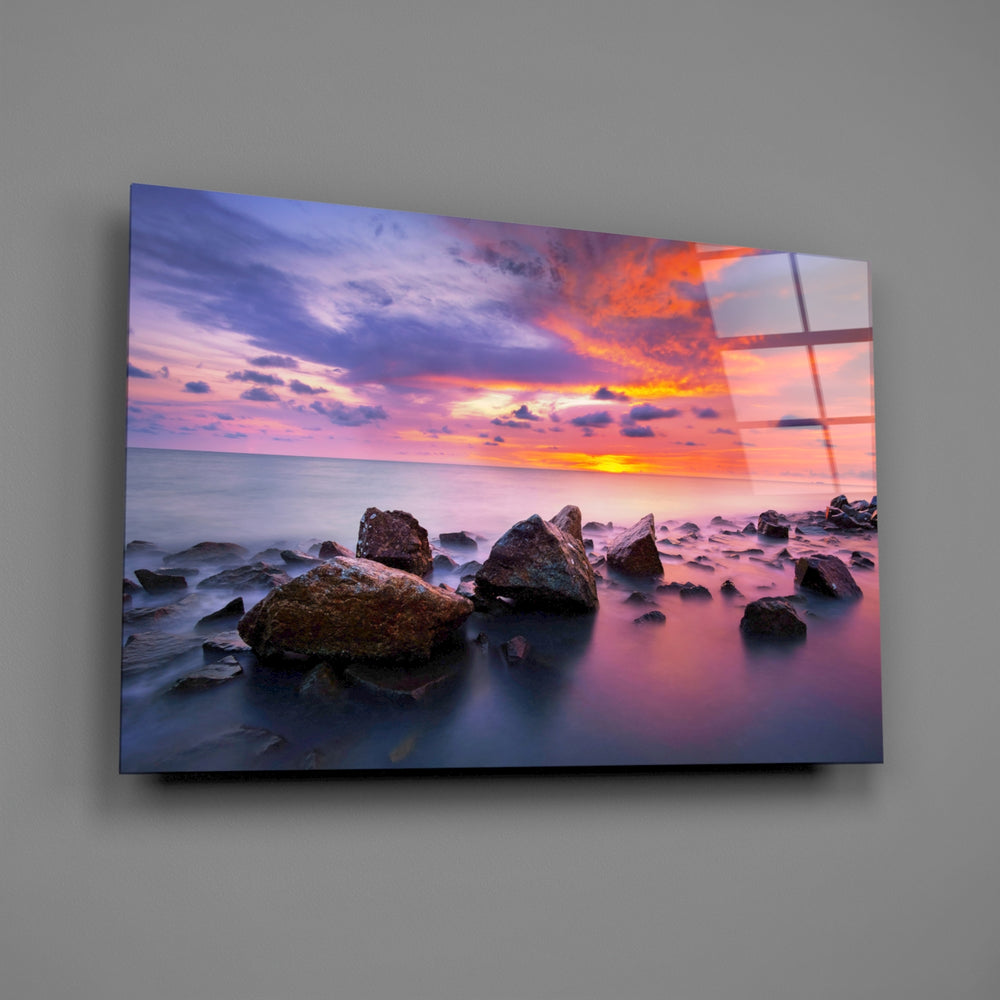 Vivid sunset seascape panel bringing twilight glow to a contemporary living space