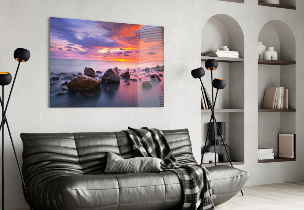 Sunset at Sea glass wall art styled above a sofa in a horizon-focused living room
