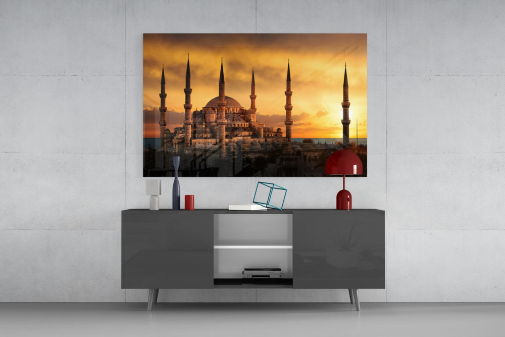 Blue Mosque panel catching warm light to reveal its silhouetted domes