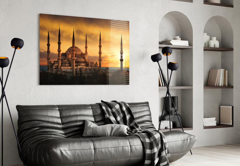 Blue Mosque glass wall art styled above a sofa in a cosmopolitan living room