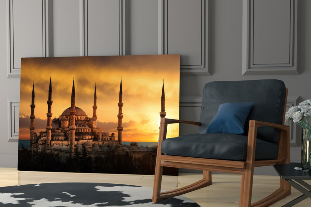 Blue Mosque glass print enhancing a hallway with cultural pulse