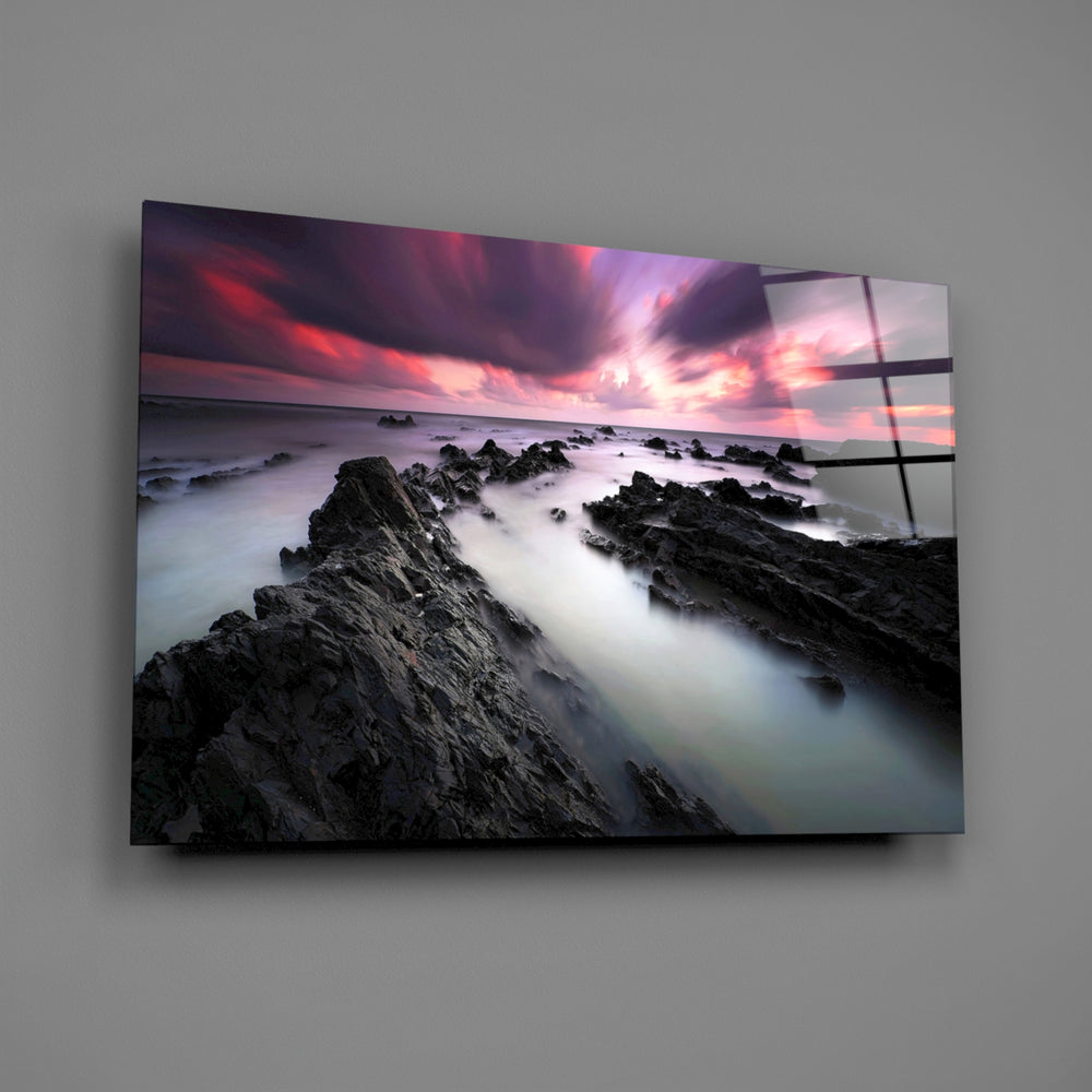Crimson sky coastal panel bringing cinematic mood to a contemporary living space