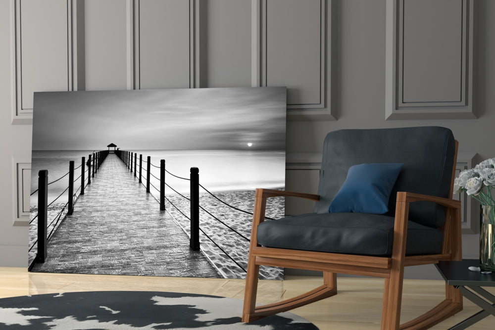 Dock glass print enhancing a hallway with vanishing-point quiet