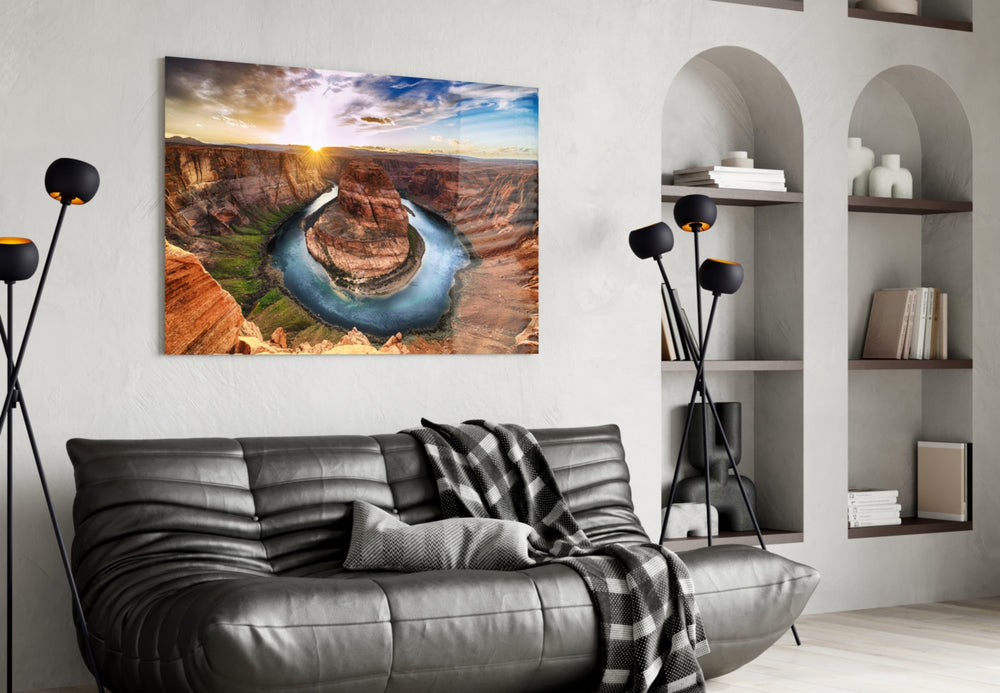 Canyon glass wall art styled above a sofa in an adventure-themed living room