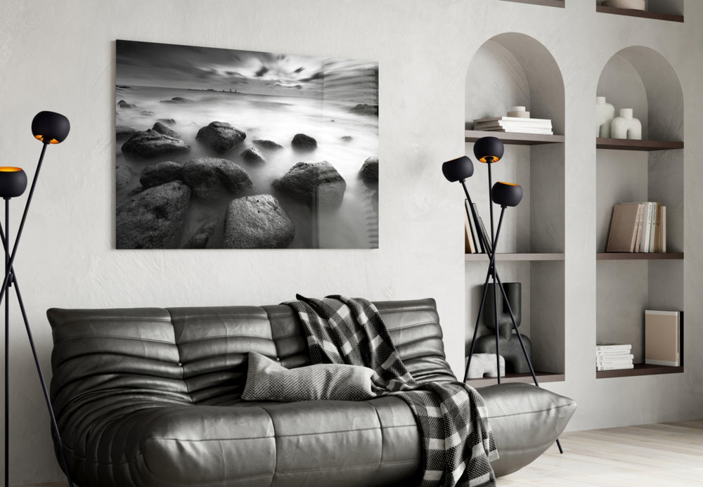 Cliffs glass wall art styled above a desk in a reflective study
