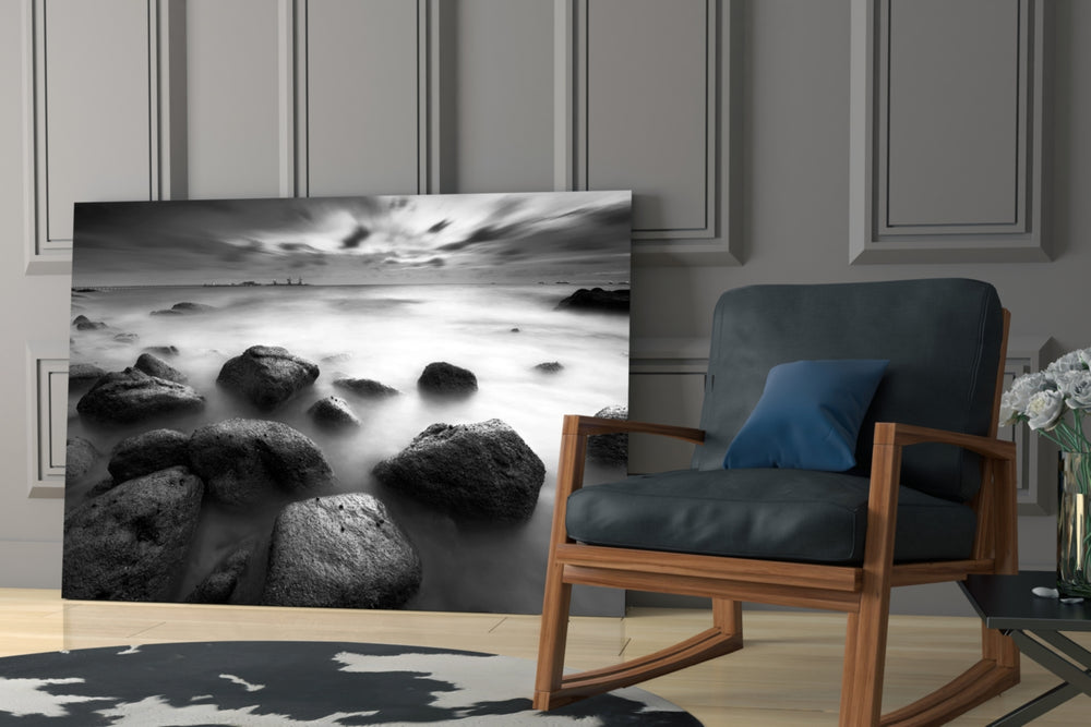 Cliffs glass print enhancing a hallway with quiet drama