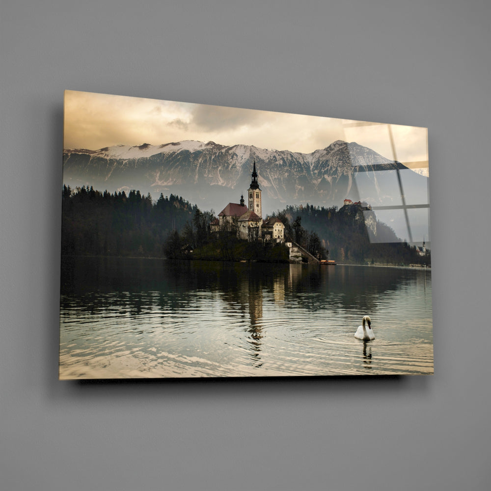 Alpine island-church panel bringing storybook mood to a contemporary living space