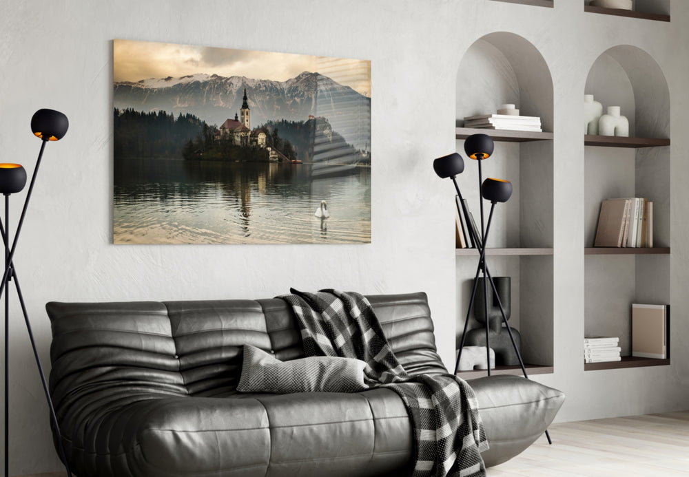 Lake glass wall art styled above a sofa in a romantic living room
