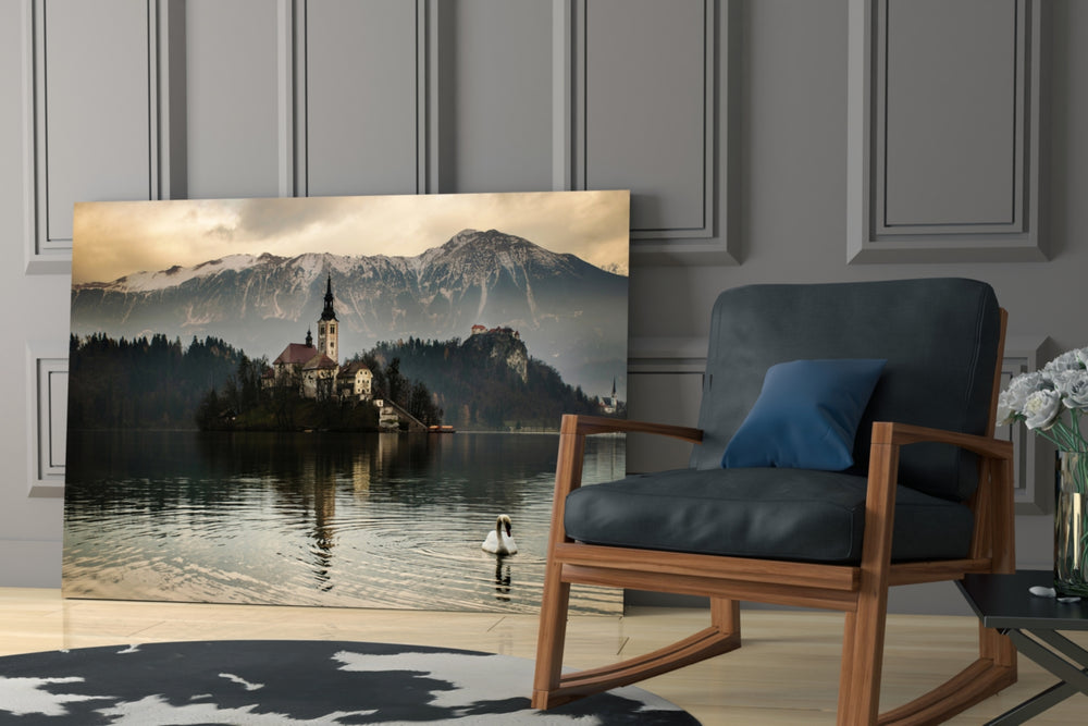 Lake glass print enhancing a hallway with horizon poetry