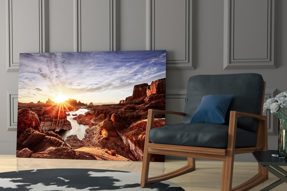 Canyon and Sunset glass print enhancing a hallway with horizon scale