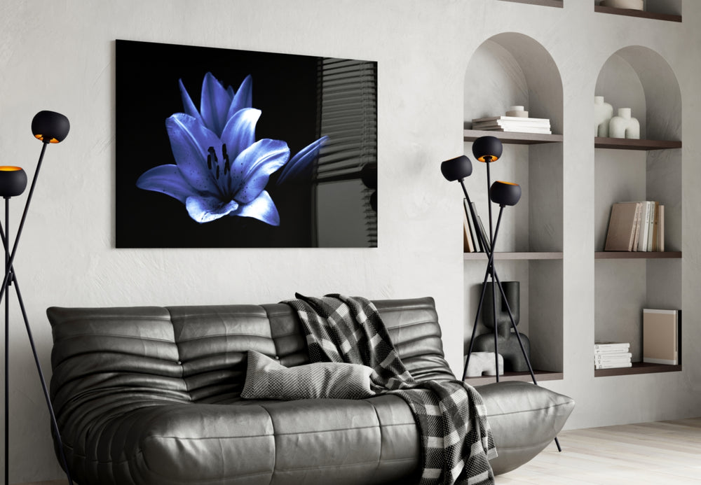 Purple Flower glass wall art styled above a bed in a romantic bedroom