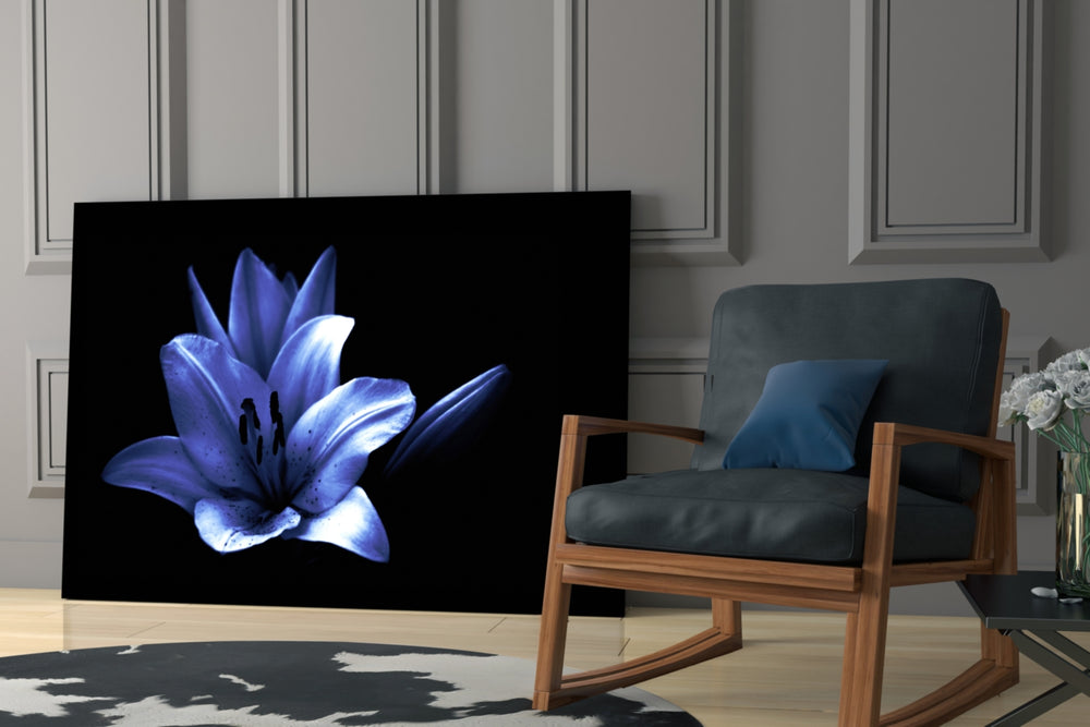 Purple Flower glass print enhancing a hallway with quiet drama