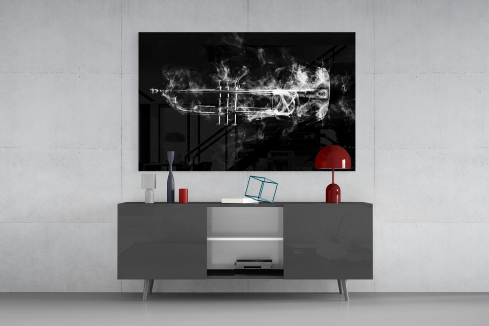 Trumpet panel catching low light to reveal its luminous smoke