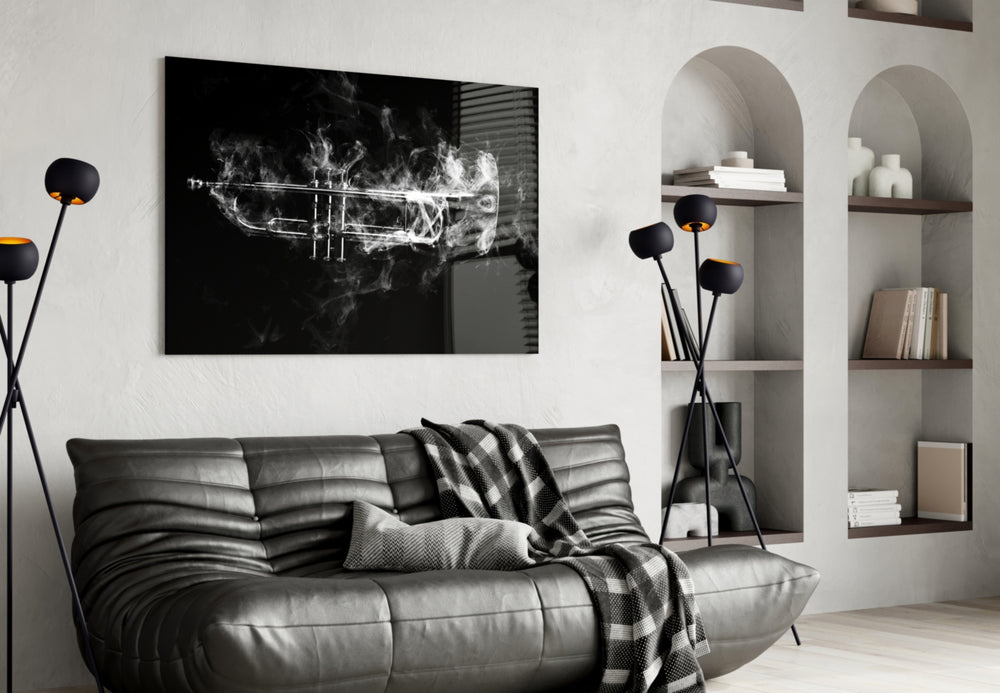 Trumpet glass wall art styled in a music room