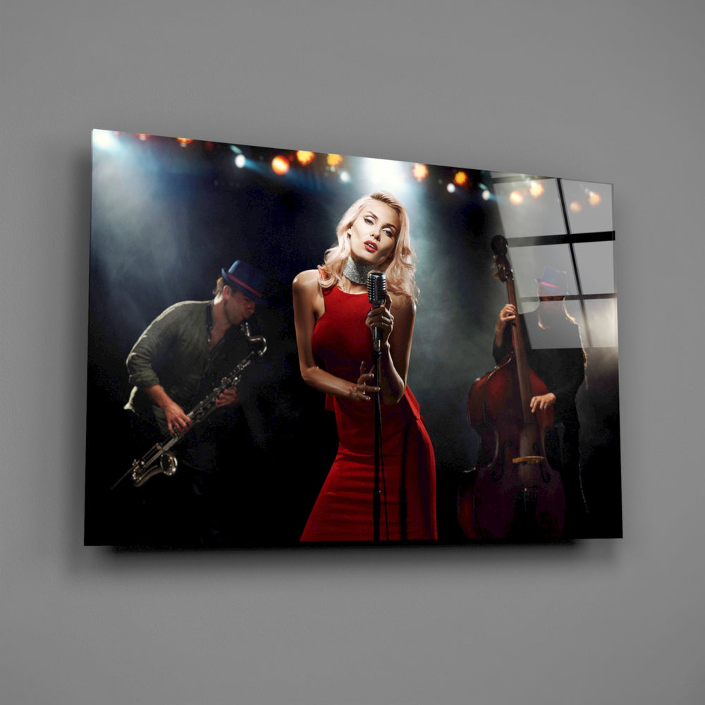 Red-dress singer panel bringing cabaret pulse to a contemporary living space