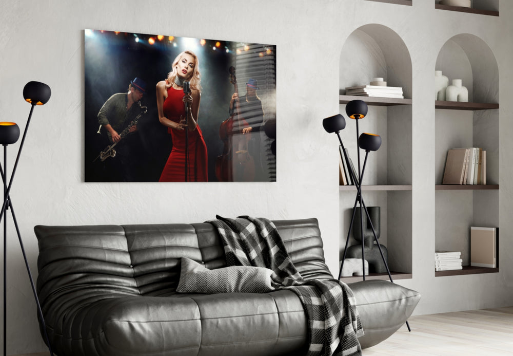 Female Musician glass wall art styled in a music room