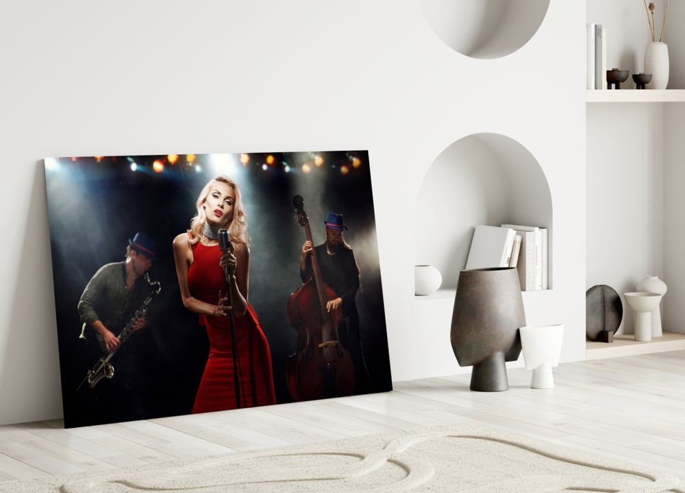 Close-up detail of vintage microphone and red gown under stage haze