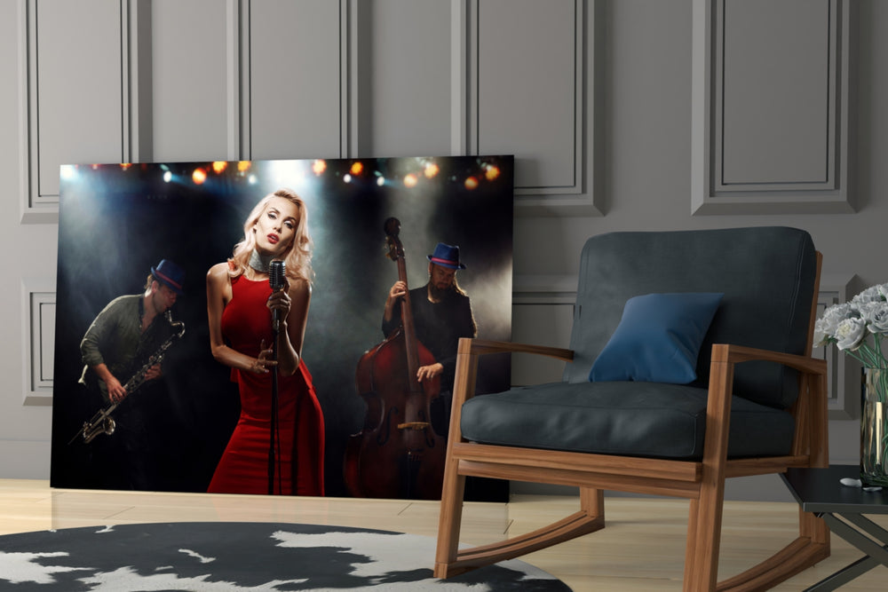 Female Musician glass print enhancing a hallway with theatrical spark