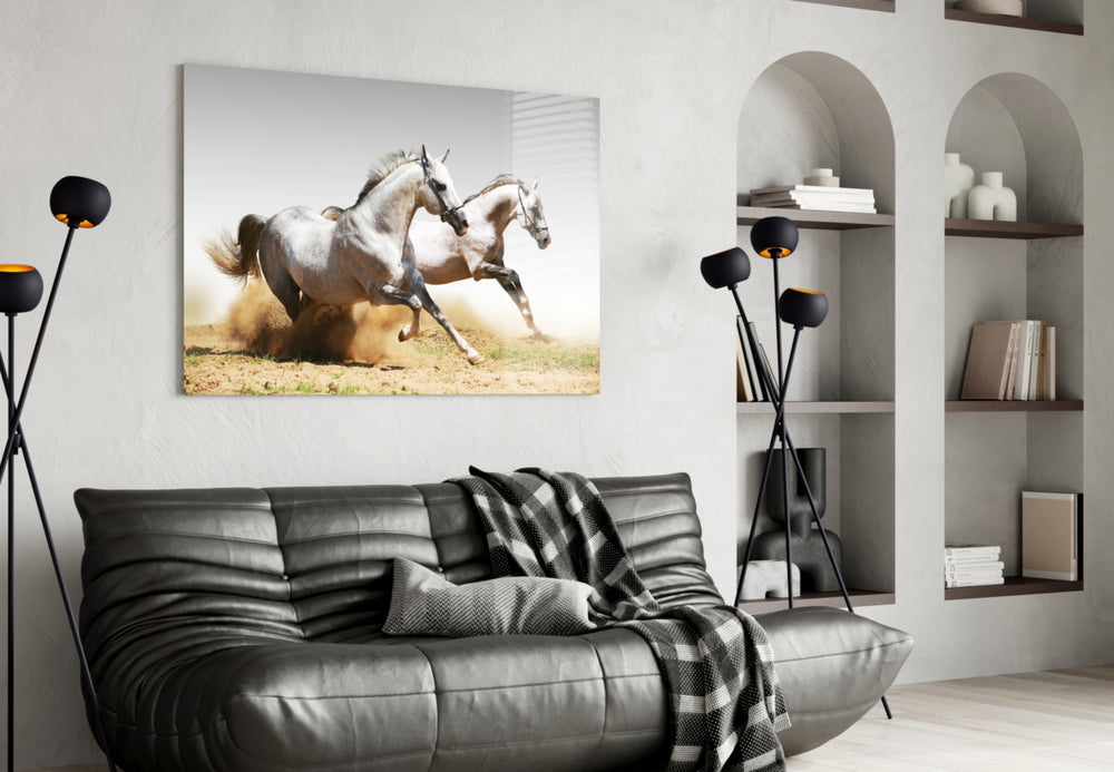 Running Horses glass wall art styled above a sofa in an adventurous living room