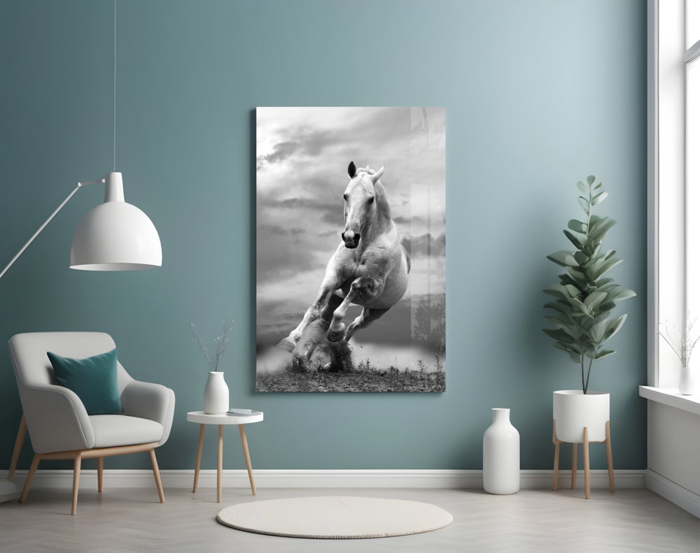 Running Horse glass wall art styled above a sofa in an equestrian living room