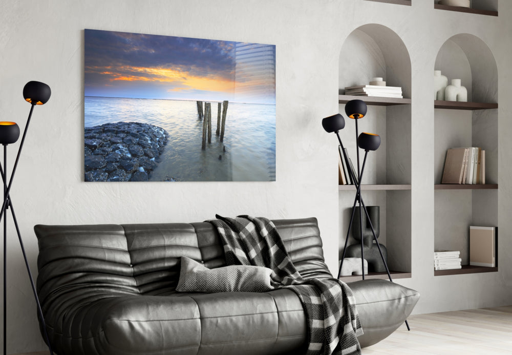 Sea Landscape glass wall art styled above a sofa in a horizon-focused living room