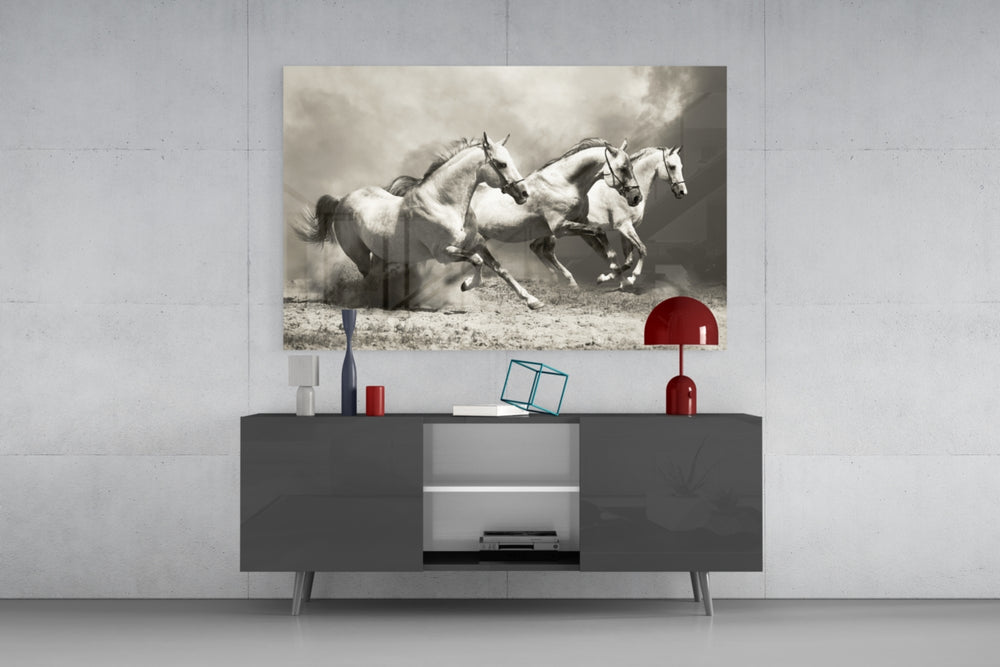 Running Horses panel catching warm light to reveal its sepia drift