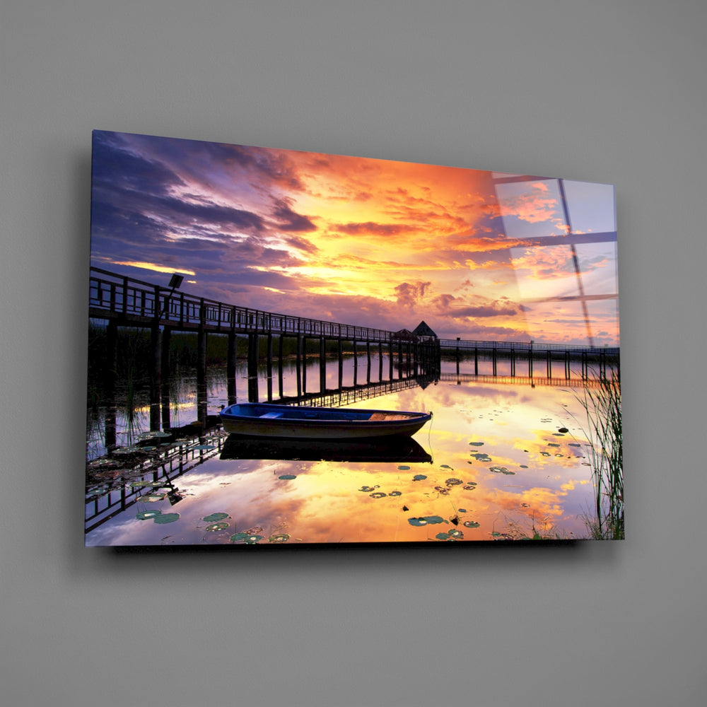 Lake boardwalk sunset panel bringing romantic mood to a contemporary living space