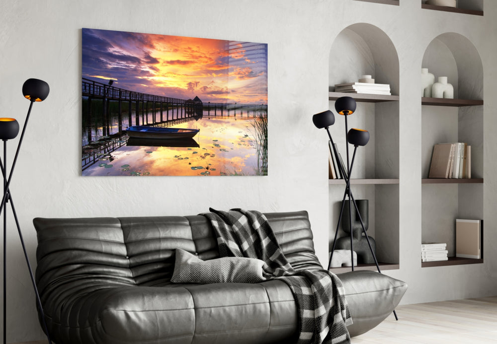 Sunset on the Dock glass wall art styled above a sofa in a romantic living room