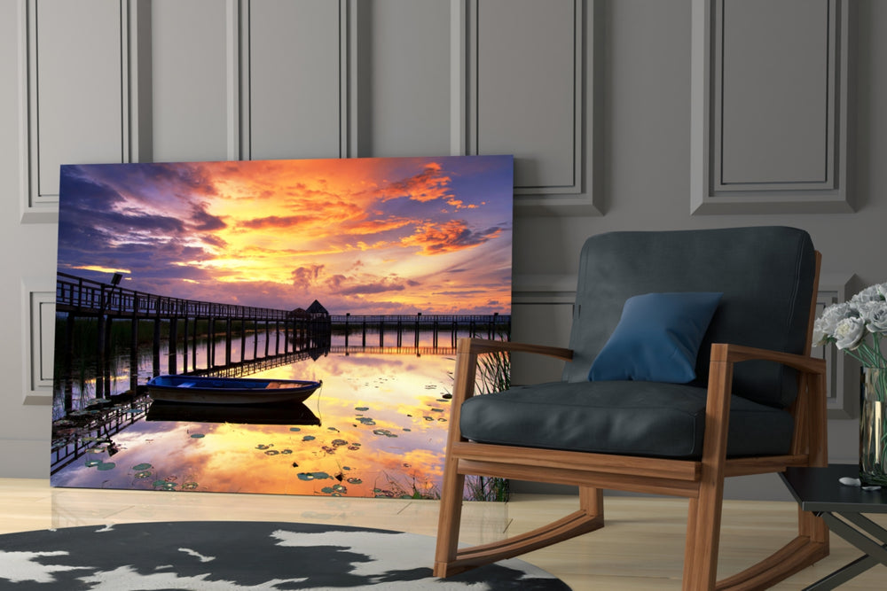 Sunset on the Dock glass print enhancing a hallway with horizon poetry