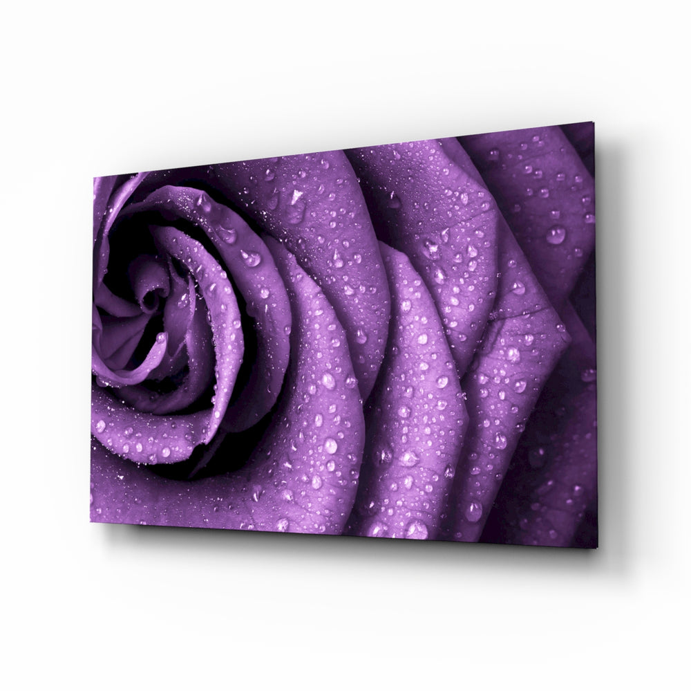 Purple Rose glass wall art displayed above a console in a designer interior