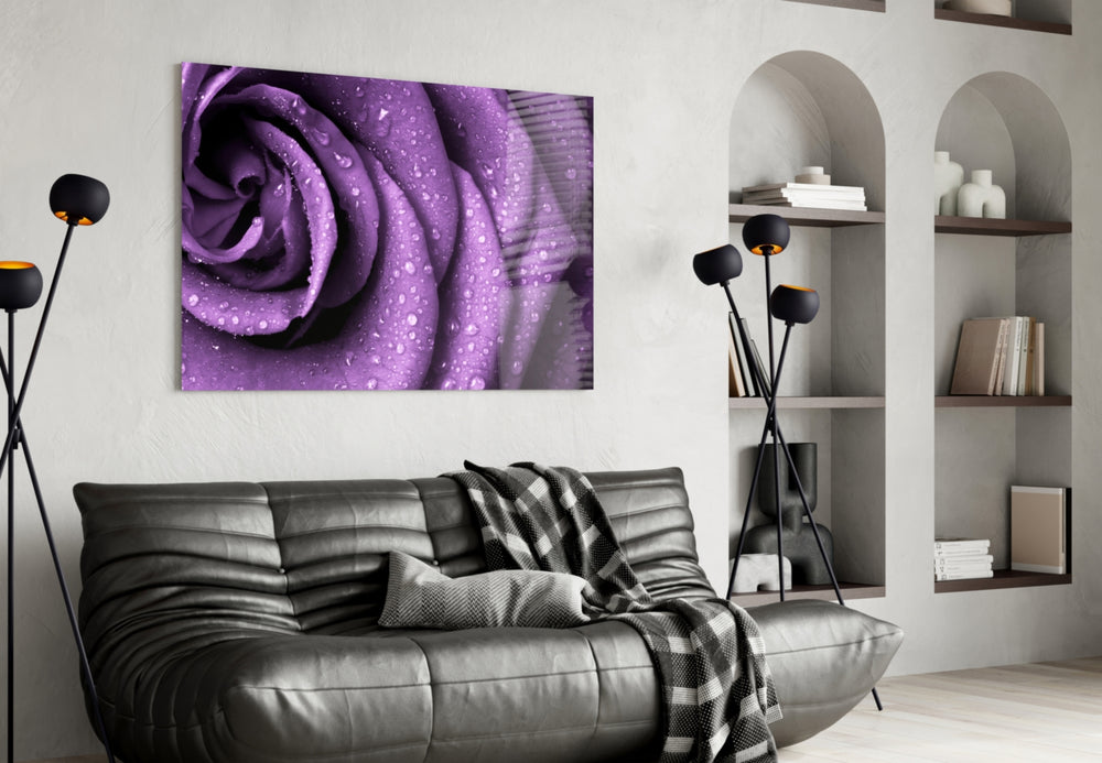 Purple Rose glass wall art styled above a bed in an intimate bedroom