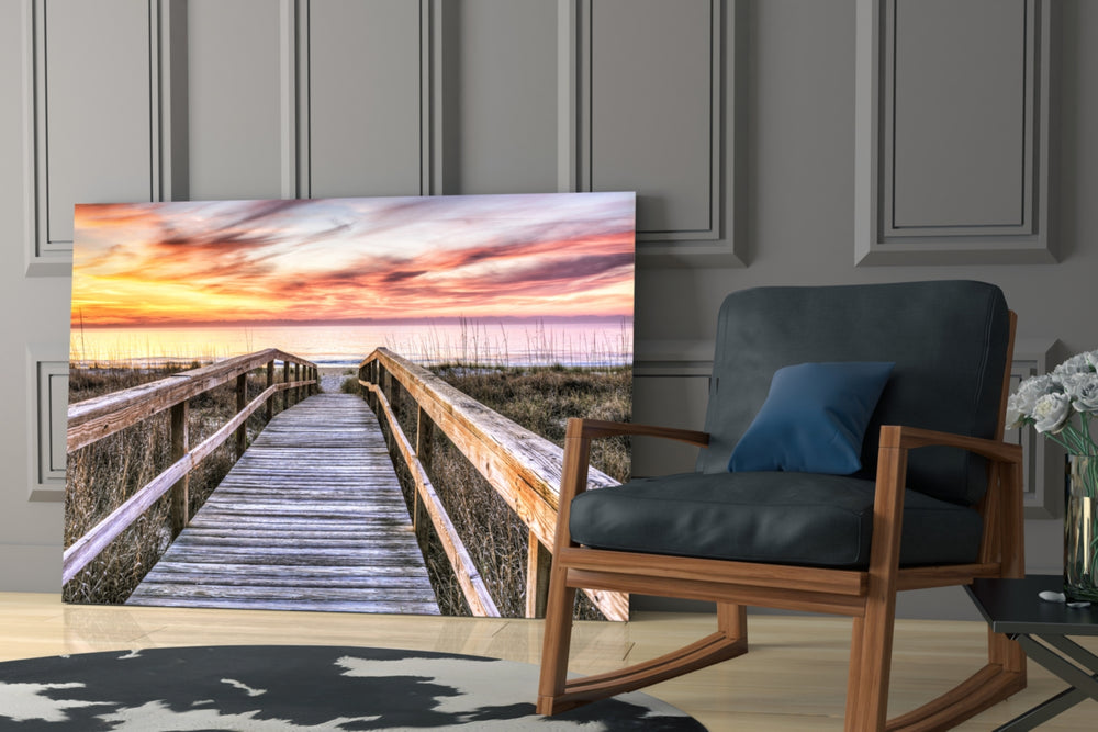 Sunset on the Dock glass print enhancing a hallway with horizon poetry