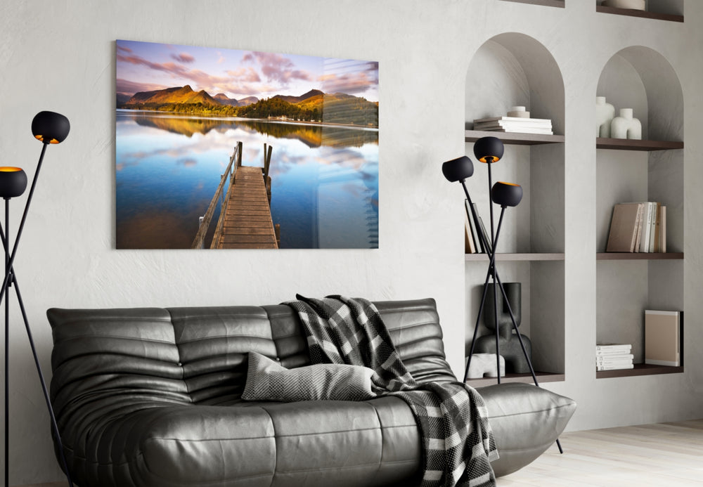 Lake Landscape glass wall art styled above a sofa in a serene living room
