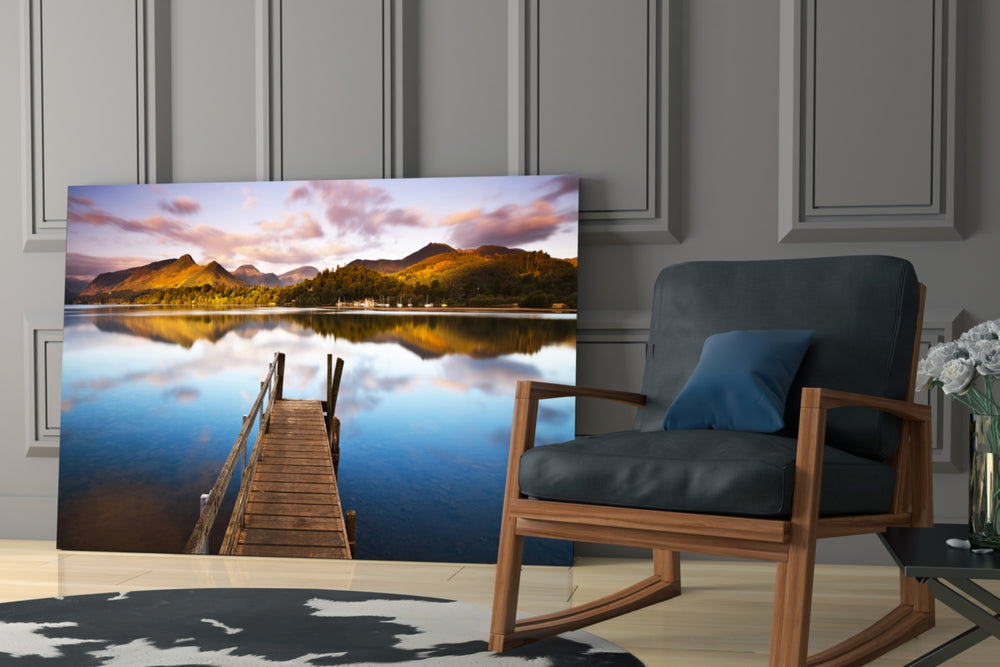 Lake Landscape glass print enhancing a hallway with vanishing-point quiet