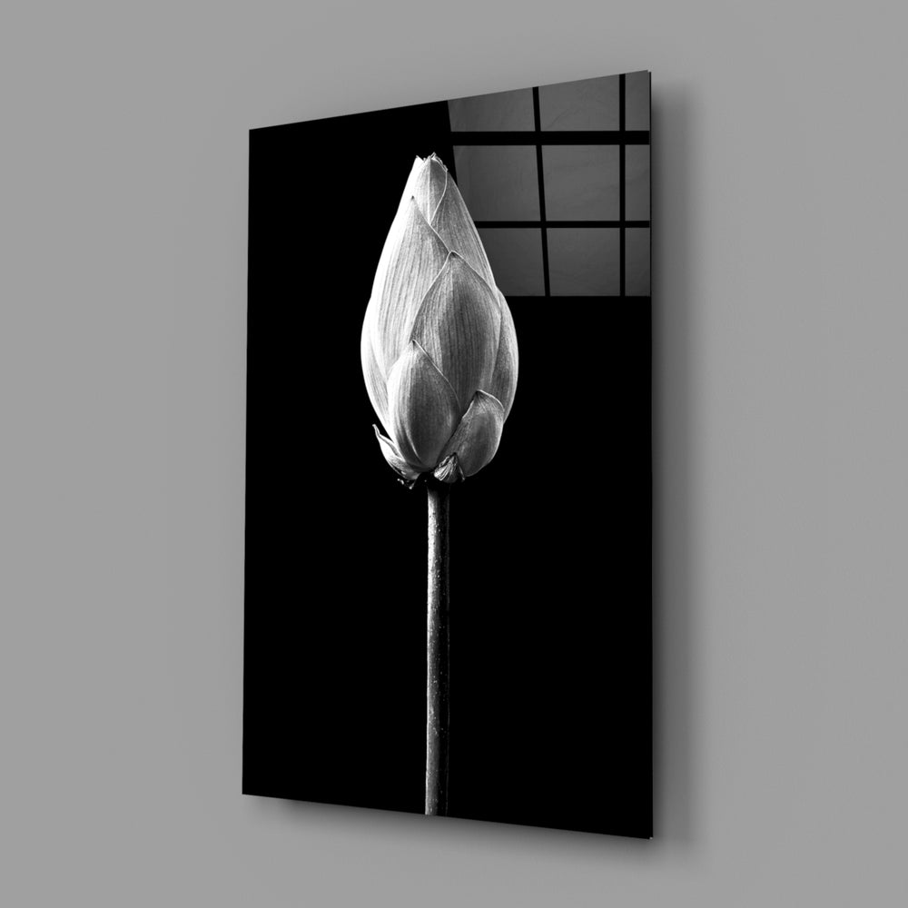 Monochrome lotus bud panel bringing serene calm to a contemporary living space