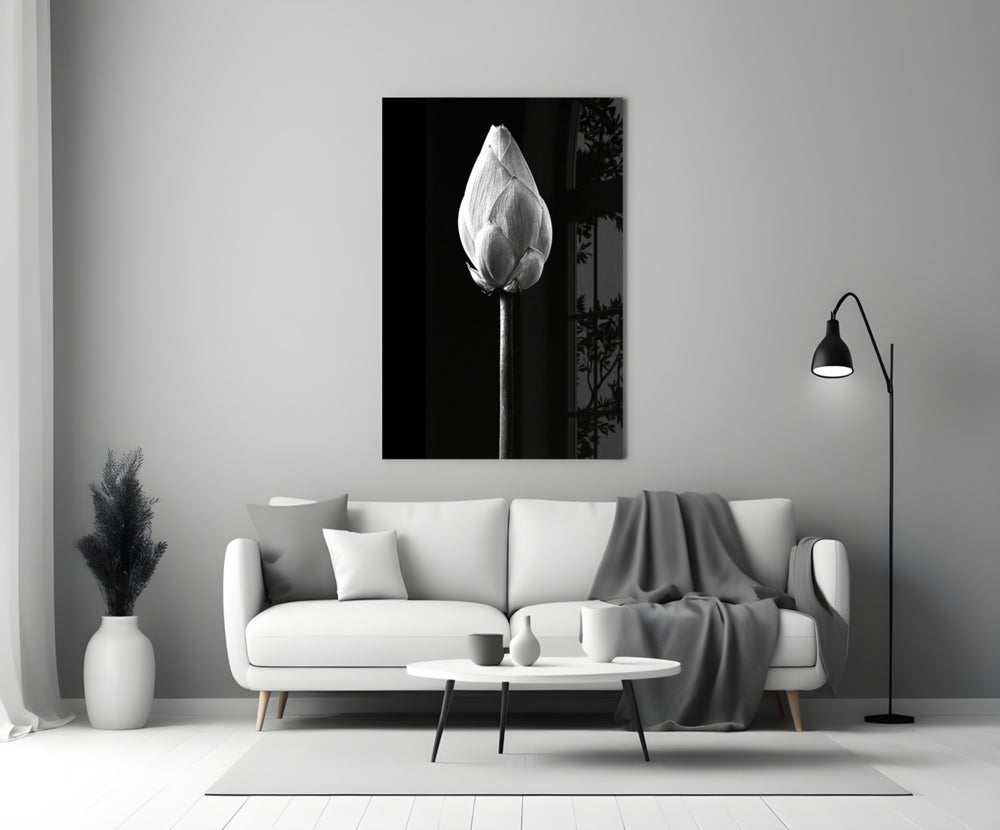 Close-up detail of the lotus petals in black-and-white tones