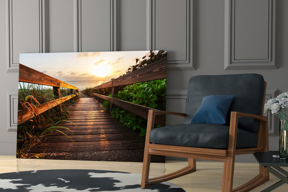 Sunset on the Beach glass print enhancing a hallway with horizon poetry