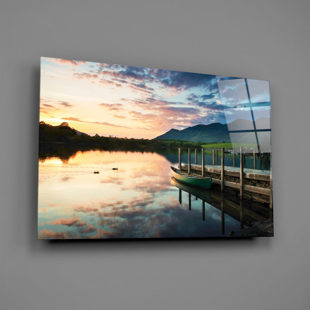 Alpine canoe-and-dock panel bringing retreat mood to a contemporary living space