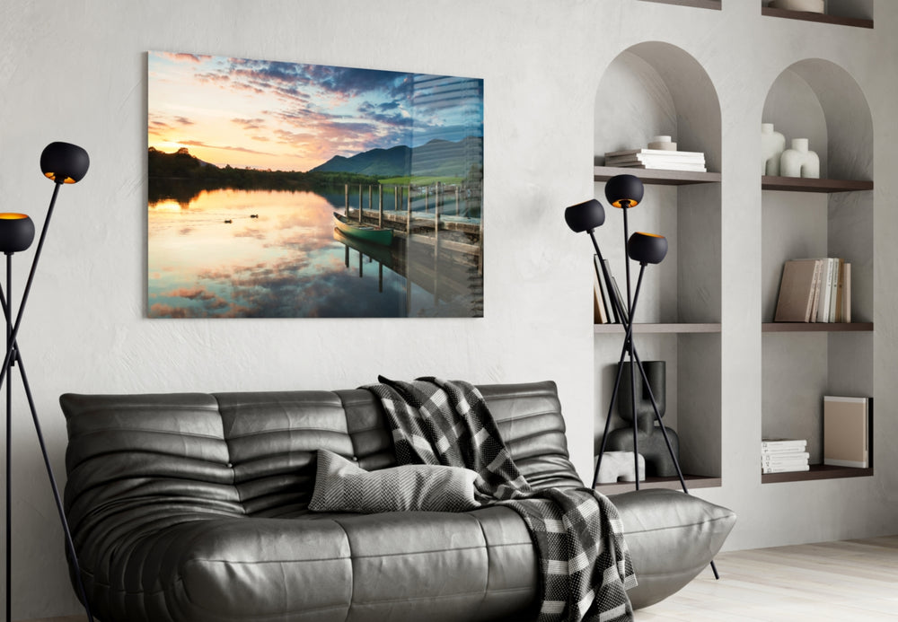 Lake Landscape glass wall art styled above a sofa in a romantic living room